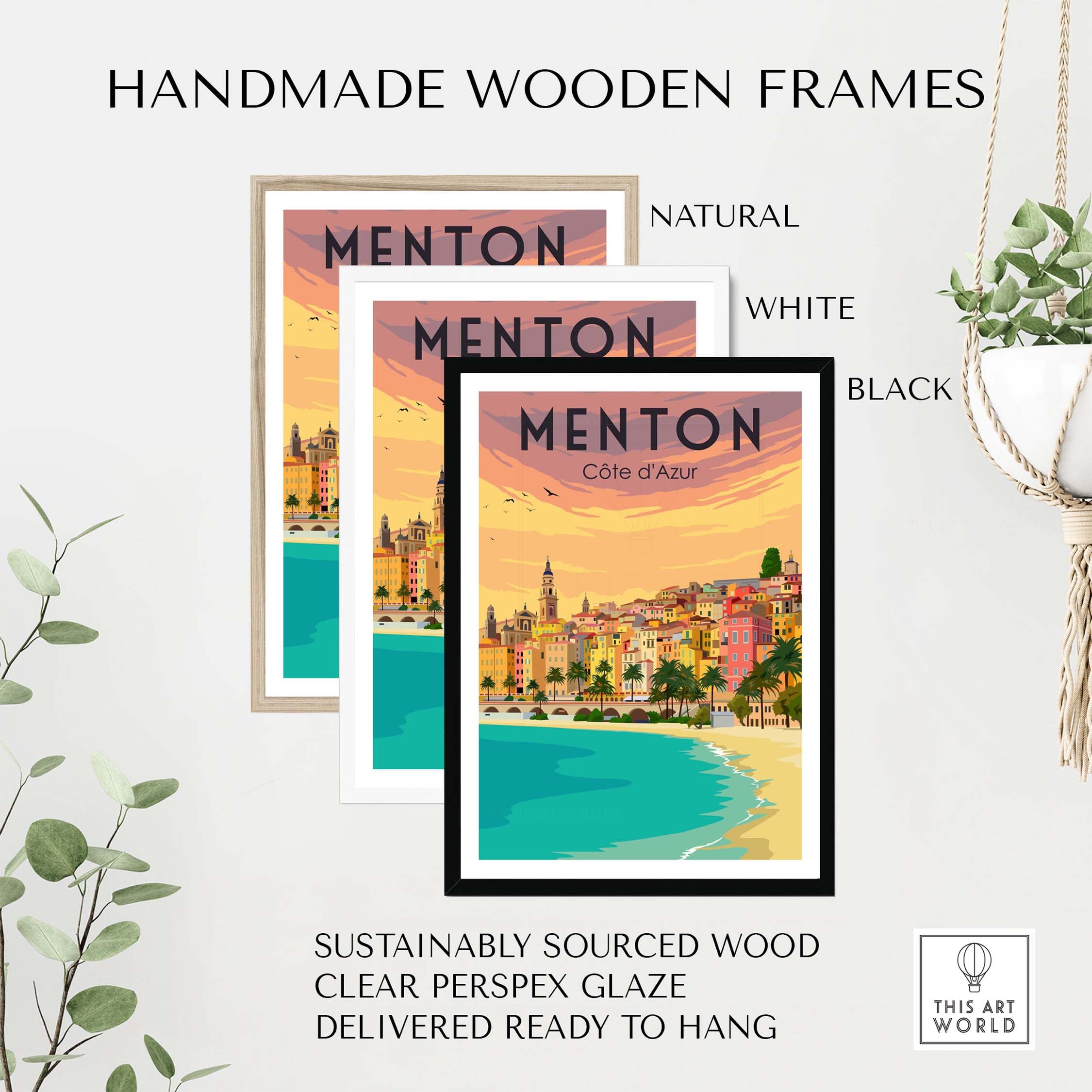 Handmade wooden frames in natural, white, and black for Menton France vintage print poster, sustainably sourced wood.