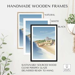 Handmade wooden frames in natural, white, and black for Mexico wall art poster, sustainably sourced and ready to hang.