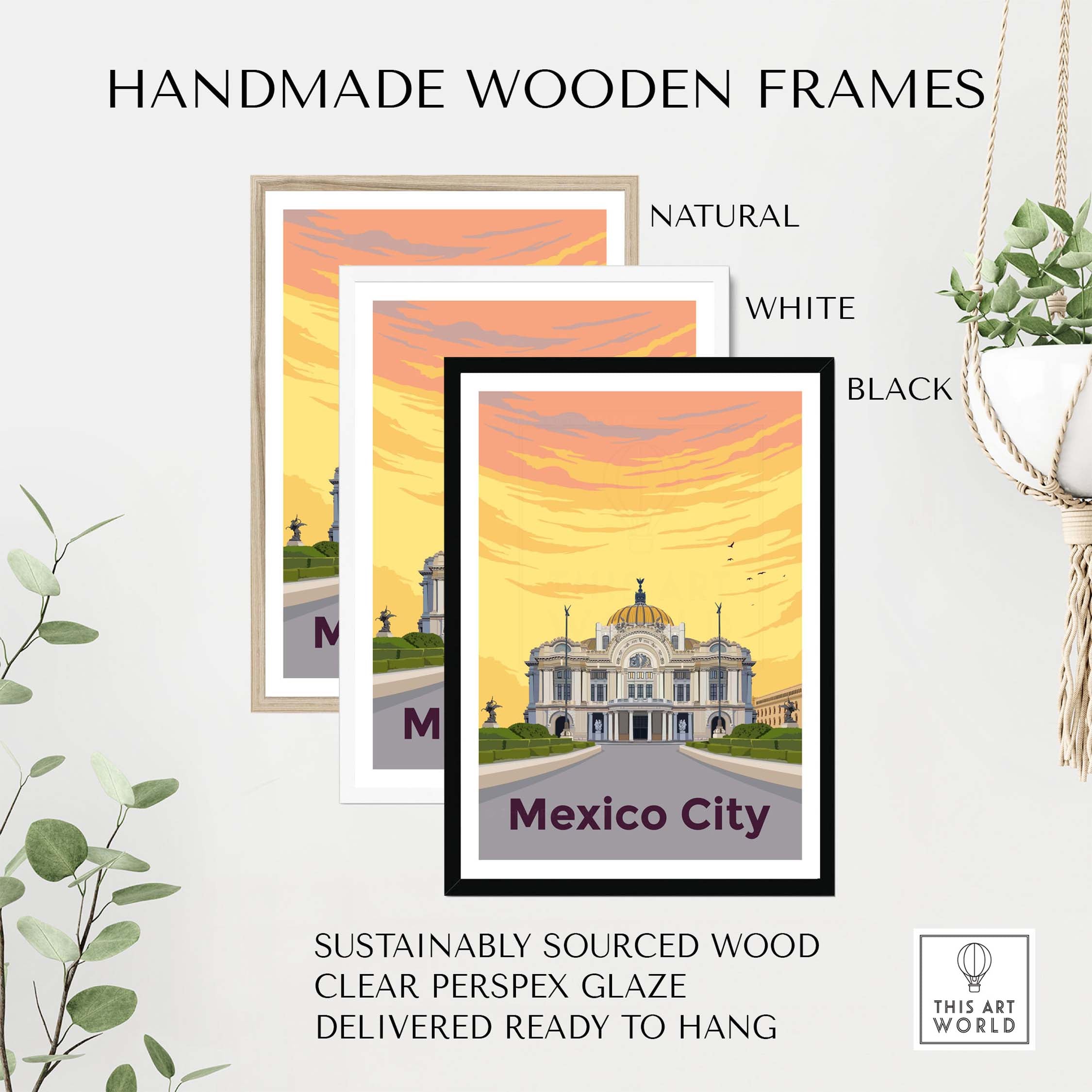 Handmade wooden frames in natural, white, and black for Mexico City print poster wall art.