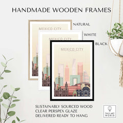 Handmade wooden frames in natural, white, and black for Mexico City Skyline Wall Art, sustainably sourced and ready to hang.