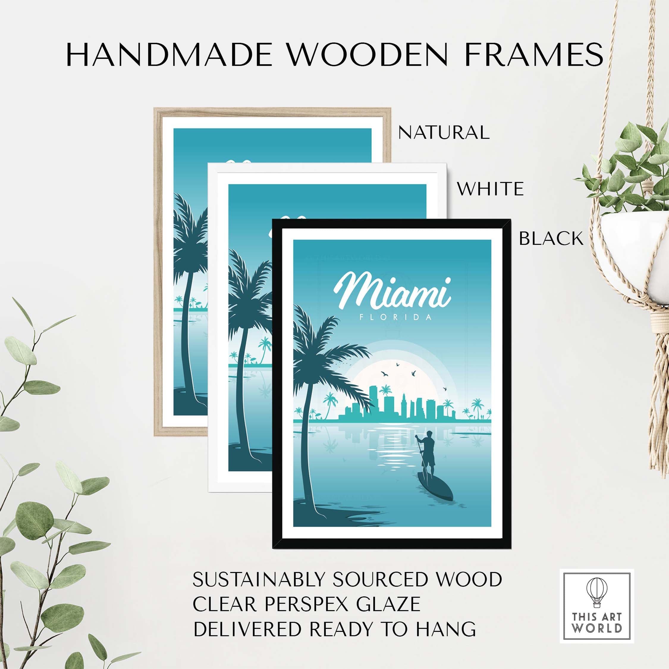 Miami poster wall art prints in handmade frames: natural, white, and black, crafted from sustainably sourced wood.