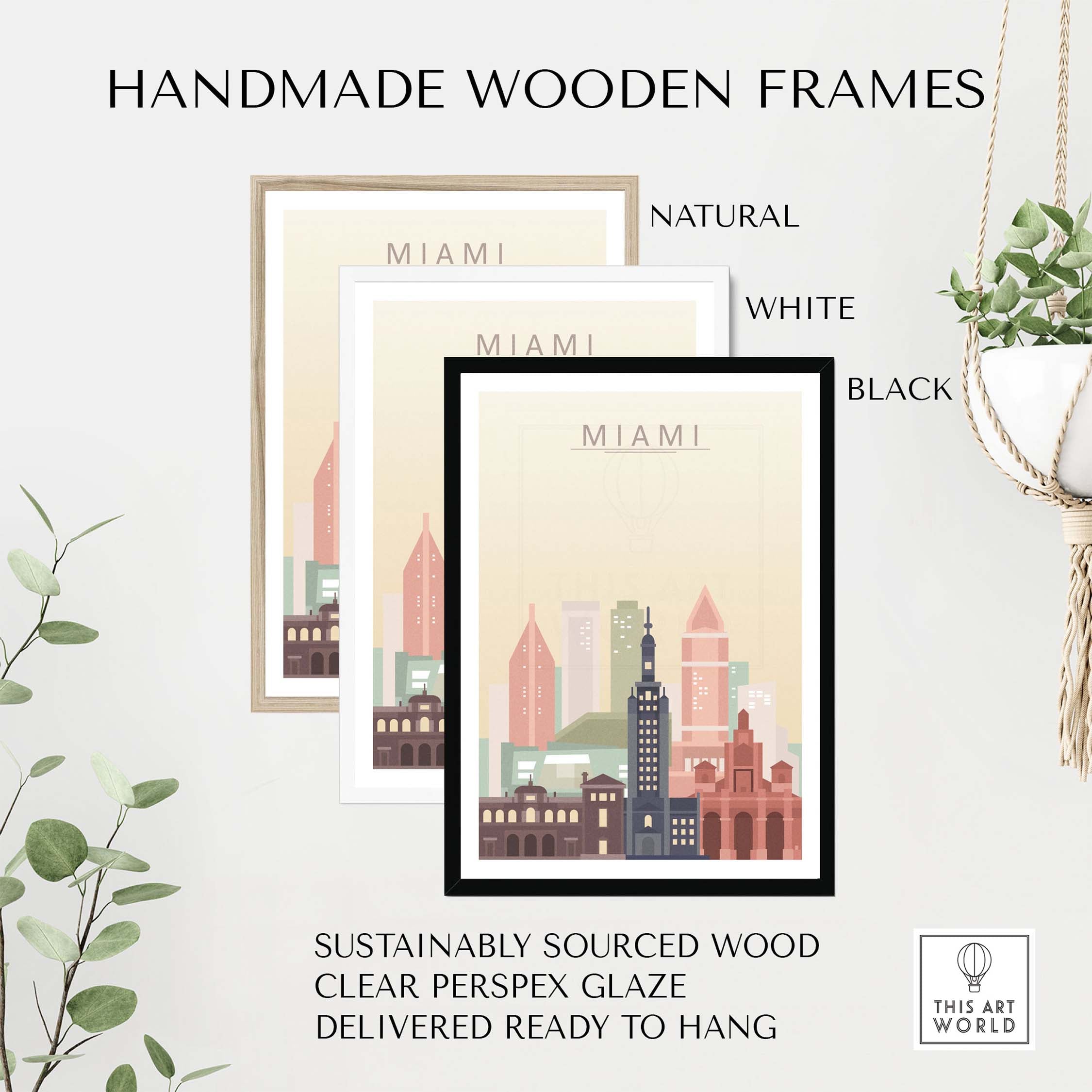 Handmade wooden frames for Miami Skyline Wall Art in natural, white, and black finishes. Sustainably sourced, ready to hang.