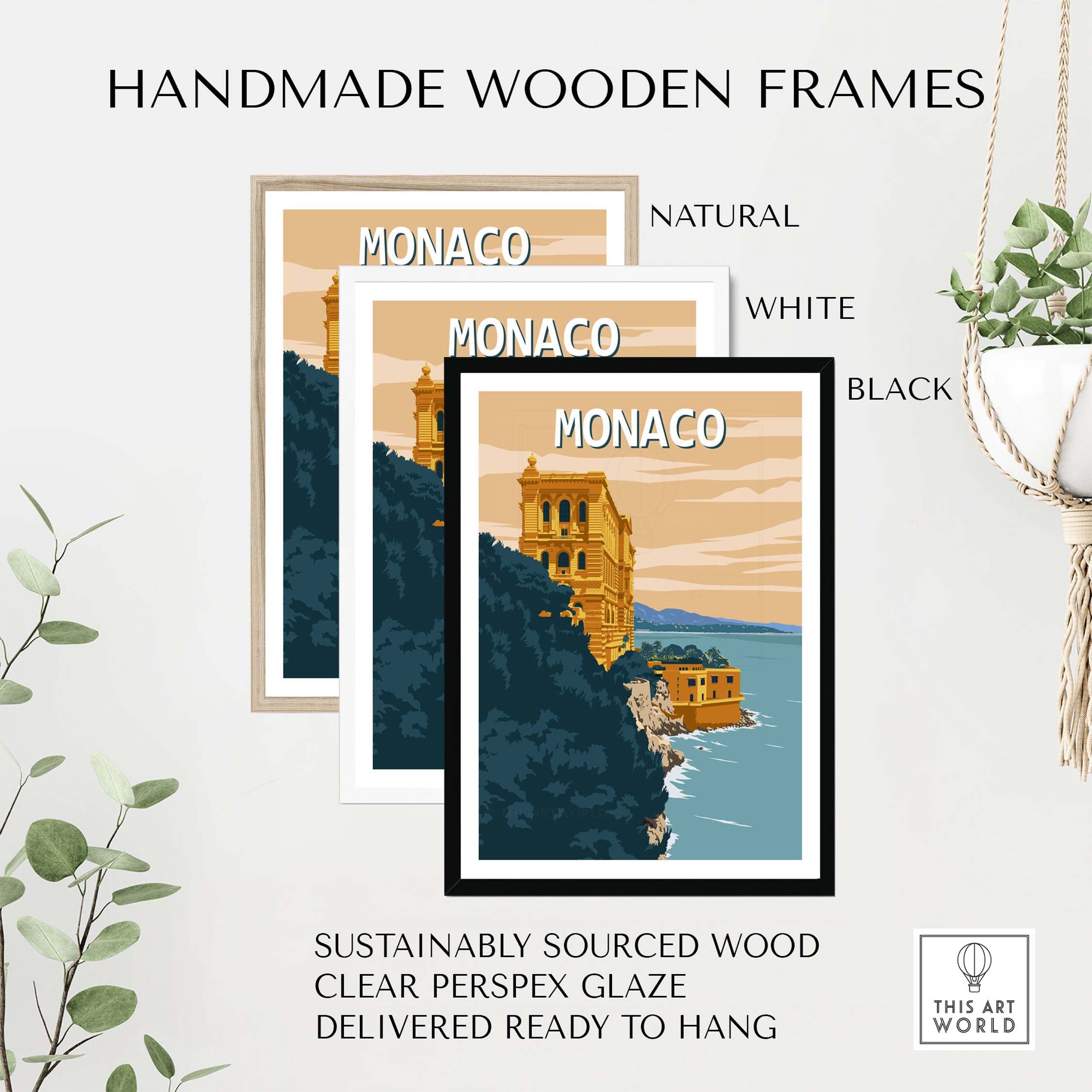 Handmade wooden frames in natural, white, and black for Monaco Wall Art Print, sustainably sourced and ready to hang.