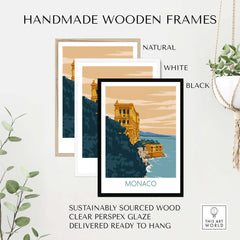 Four handmade wooden frames in natural, white, and black with Monaco poster print, showcasing stylish wall decor options.