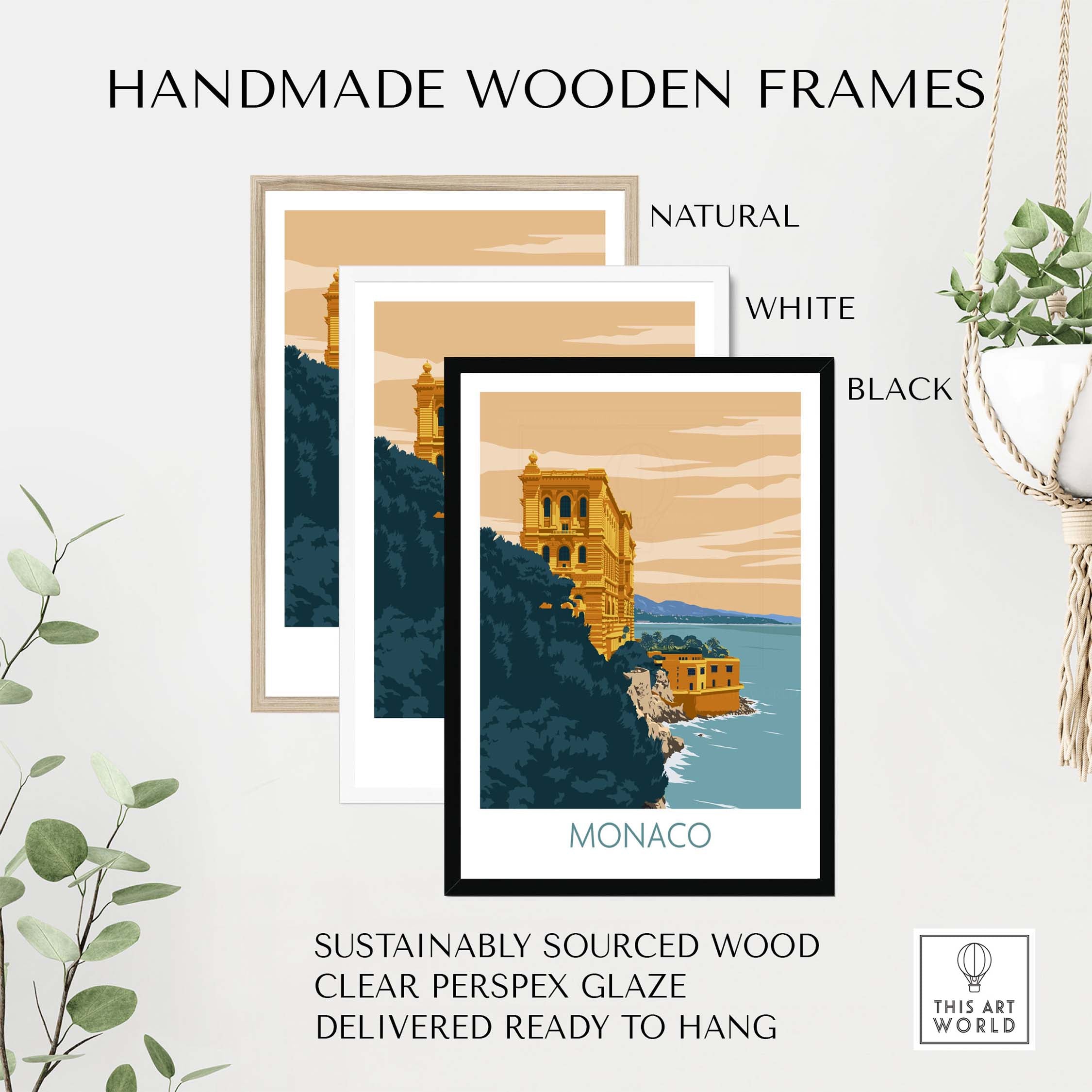 Four handmade wooden frames in natural, white, and black with Monaco poster print, showcasing stylish wall decor options.