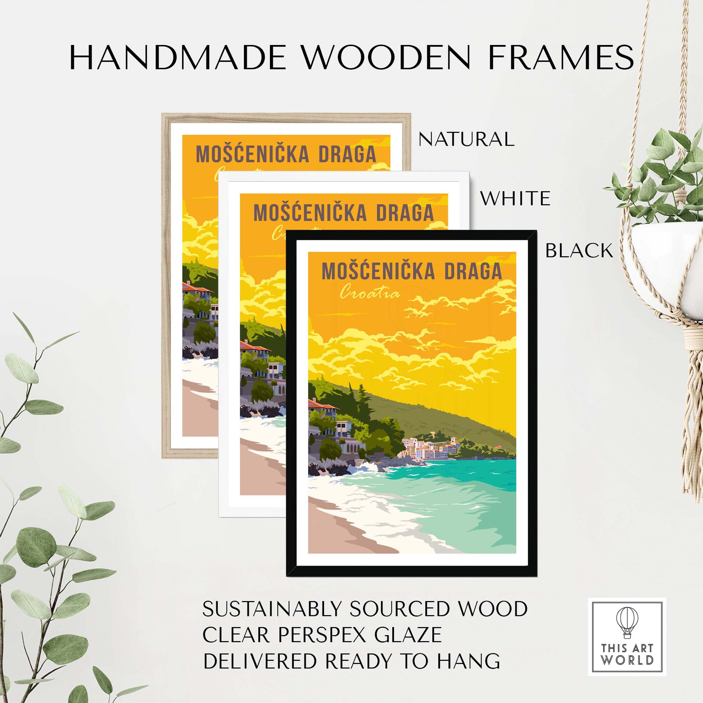 Mošćenička Draga Croatia poster print in handmade wooden frames, available in natural, white, and black finishes.