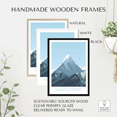 Mount Everest print travel poster framed in natural, white, and black handmade wooden frames.