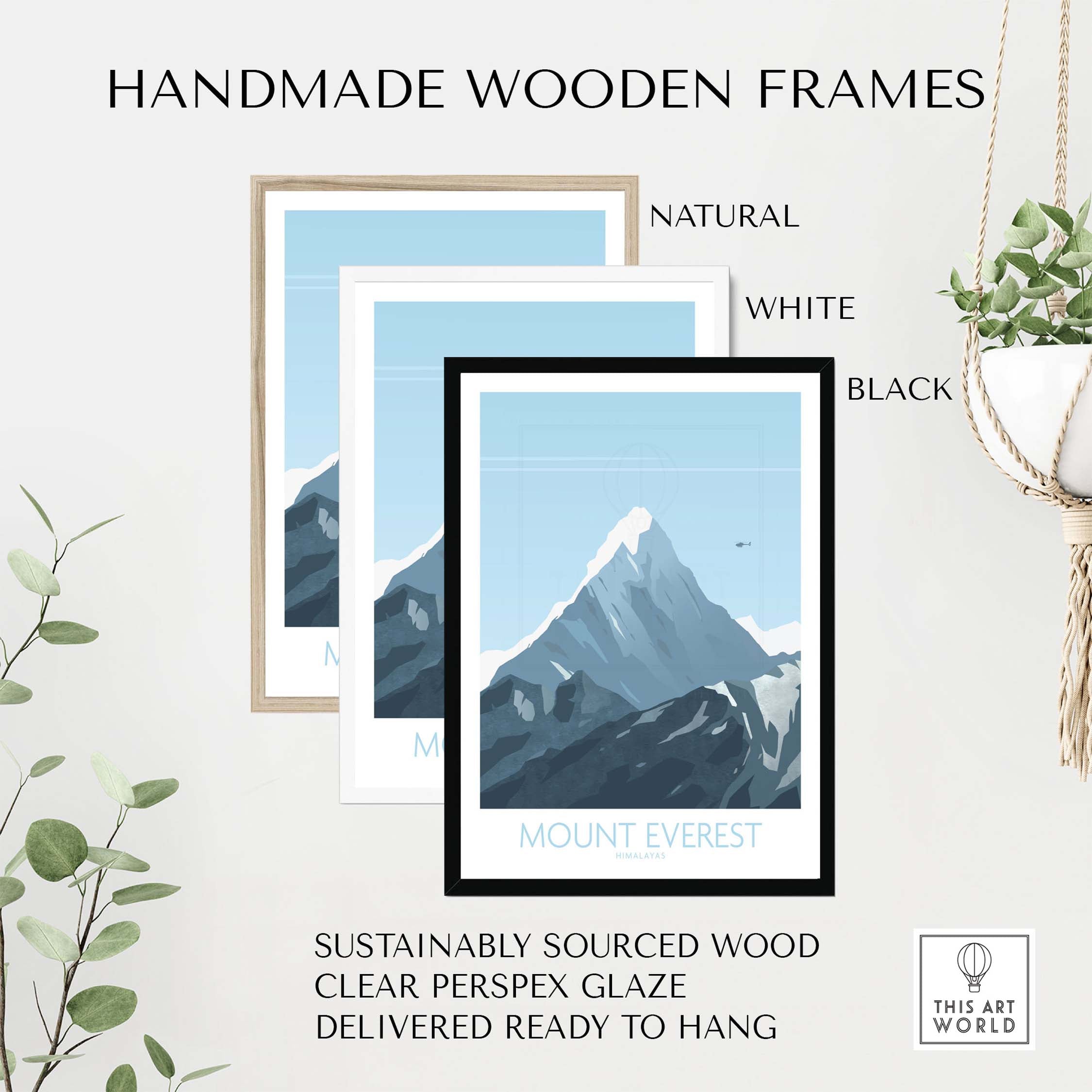 Mount Everest print travel poster framed in natural, white, and black handmade wooden frames.