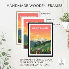 Mount Rainier Print framed in natural, white, and black handmade wooden frames, featuring sustainably sourced wood and clear glaze.