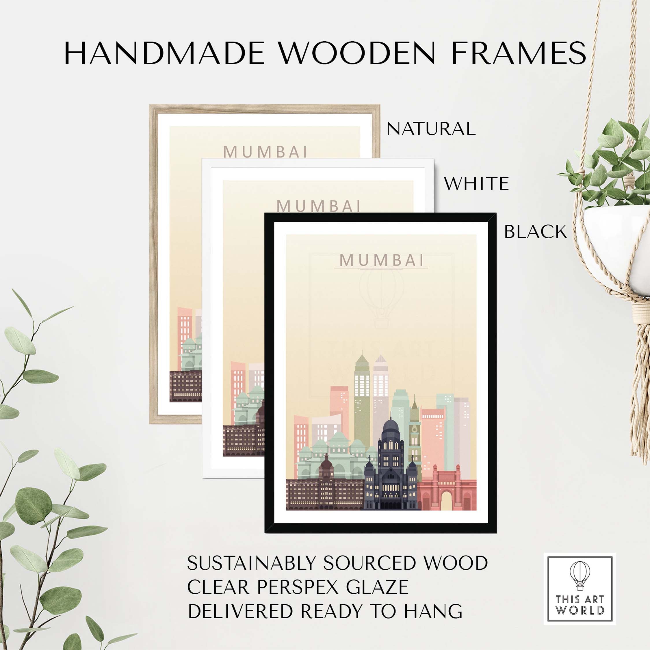 Handmade wooden frames in natural, white, and black for Mumbai Skyline Wall Art Print, crafted from sustainably sourced wood.