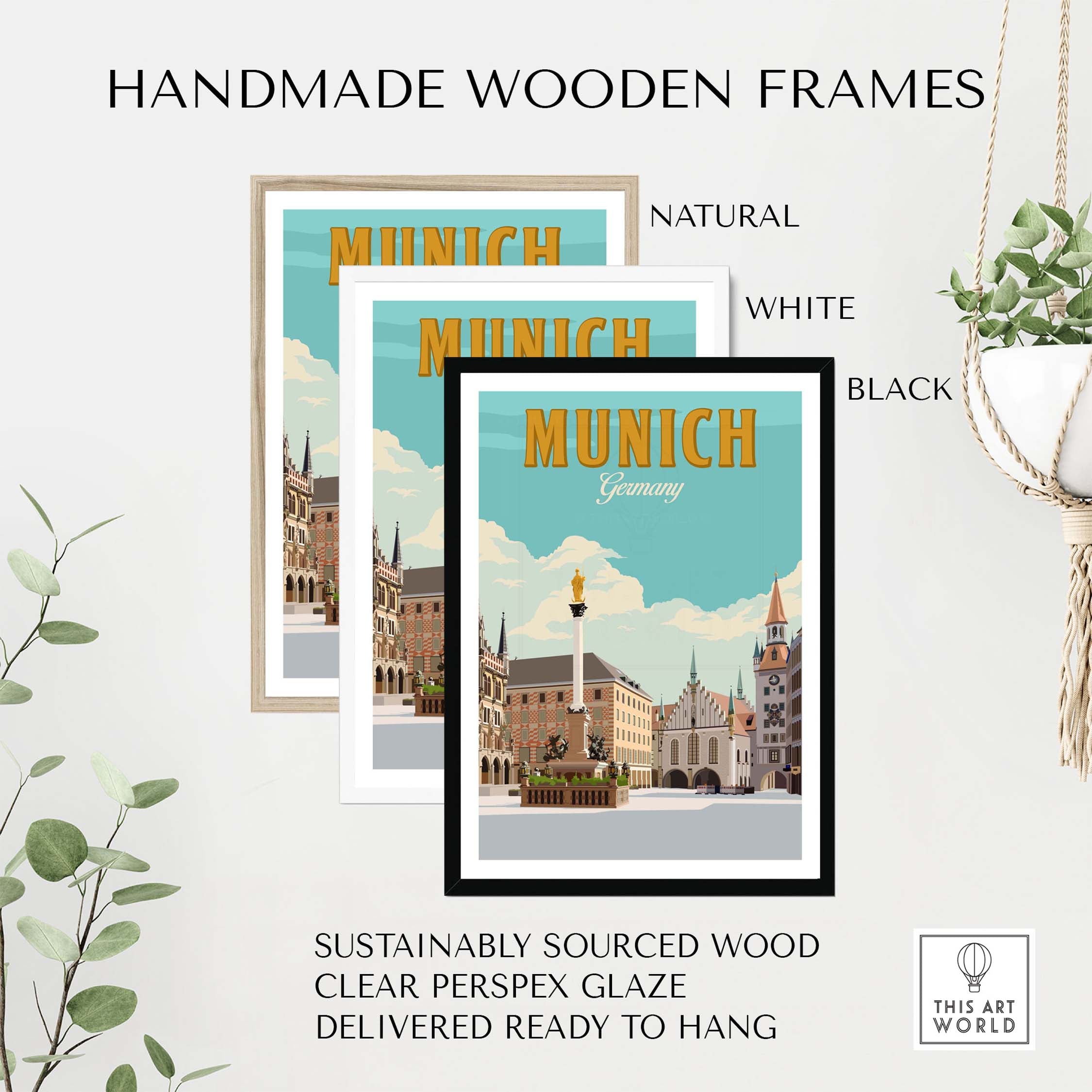 Handmade wooden frames for Munich Germany print in natural, white, and black finishes, ready to hang.