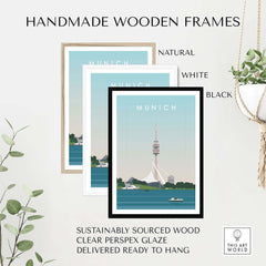 Munich Print Travel Poster in handmade wooden frames, available in natural, white, and black options, ready to hang.