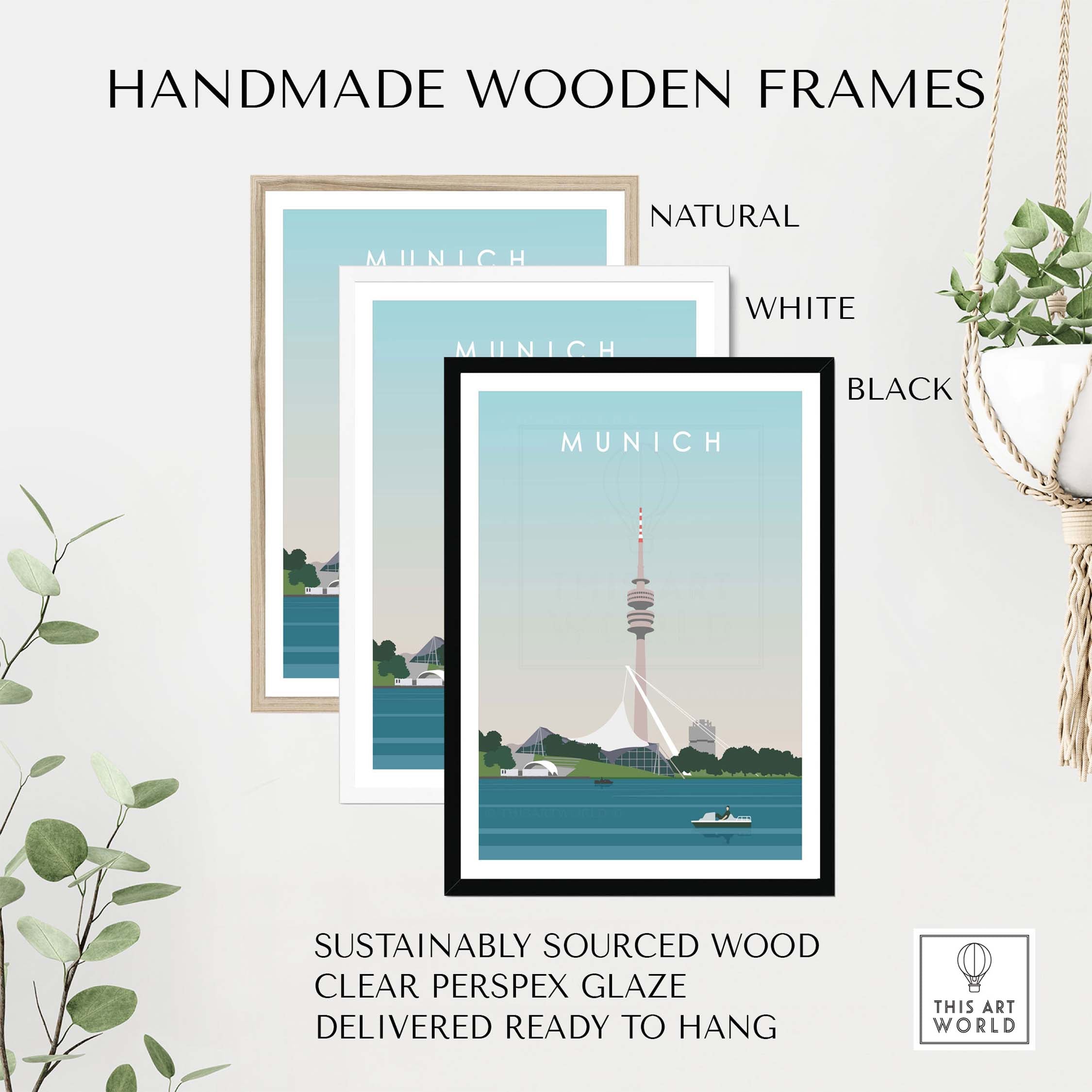 Munich Print Travel Poster in handmade wooden frames, available in natural, white, and black options, ready to hang.