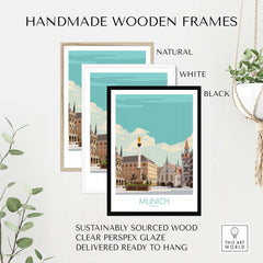 Munich Poster displayed in handmade wooden frames, featuring natural, white, and black options for stylish wall decor.