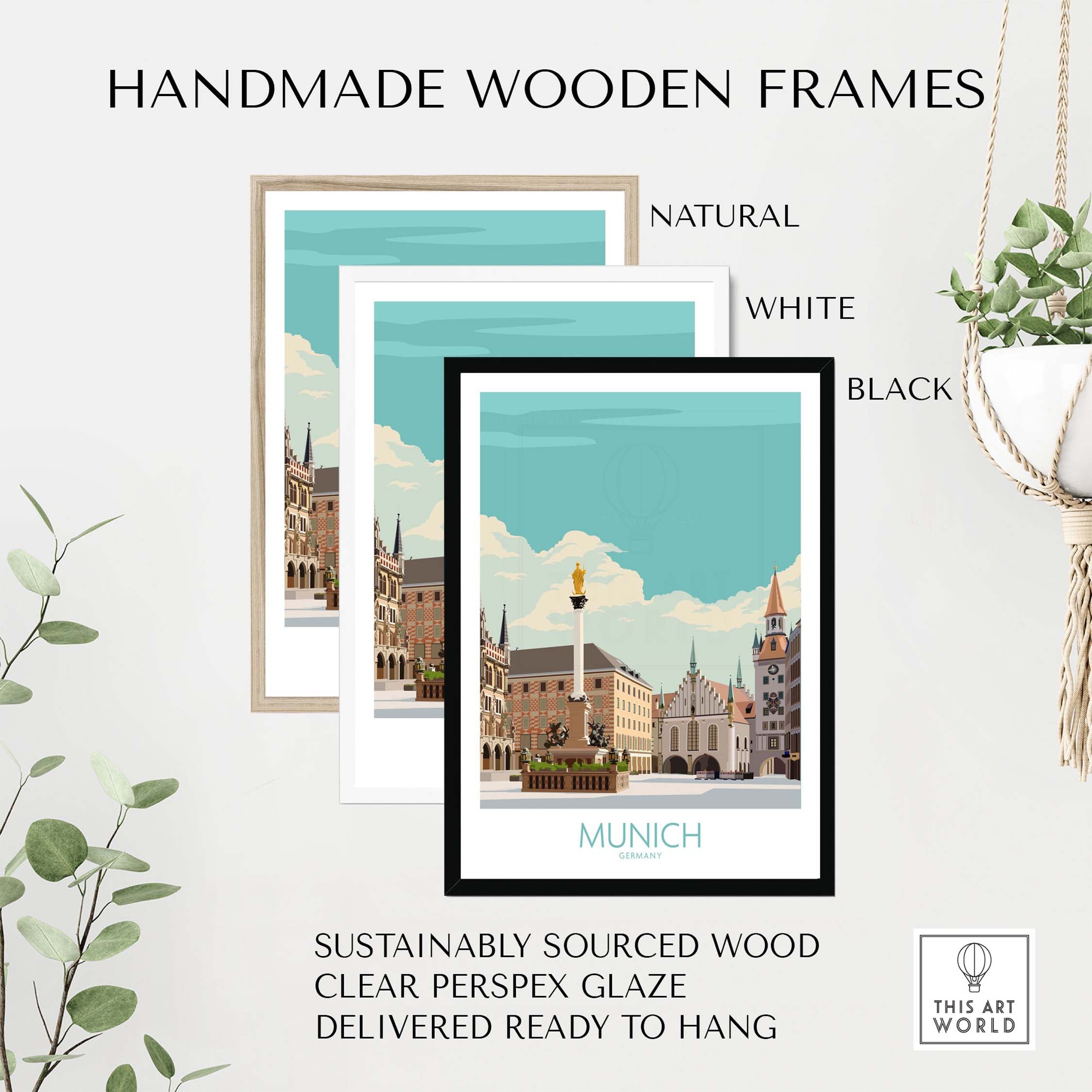 Munich Poster displayed in handmade wooden frames, featuring natural, white, and black options for stylish wall decor.