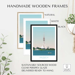 Handmade wooden frames for Munich poster in natural, white, and black styles, made from sustainably sourced wood.