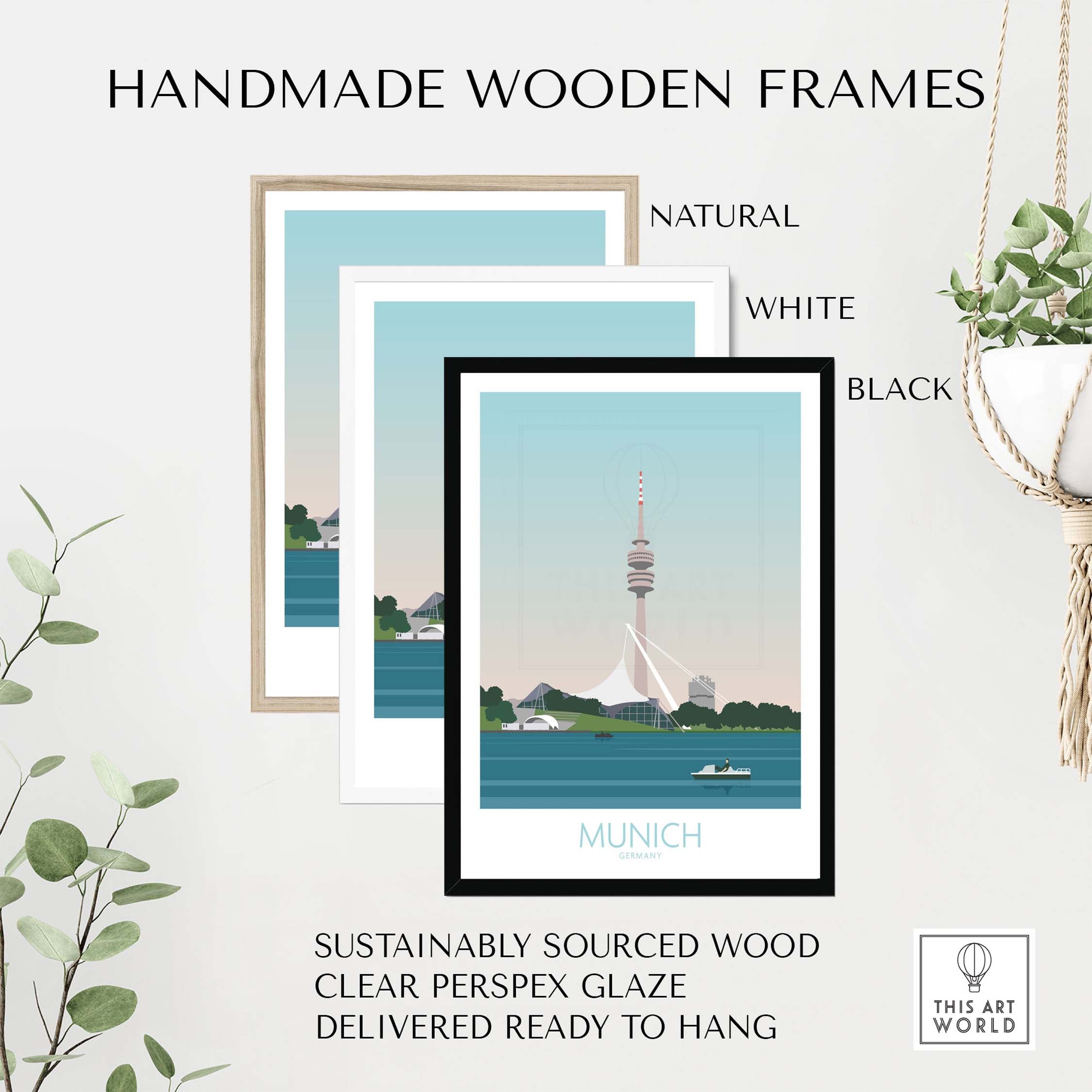 Handmade wooden frames for Munich poster in natural, white, and black styles, made from sustainably sourced wood.