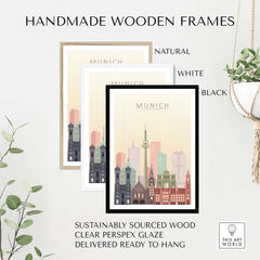 Handmade wooden frames in natural, white, and black for Munich city skyline prints, sustainably sourced and ready to hang.