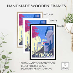 Handmade wooden frames for Mykonos Poster Wall Art in natural, white, and black options, sustainably sourced and ready to hang.