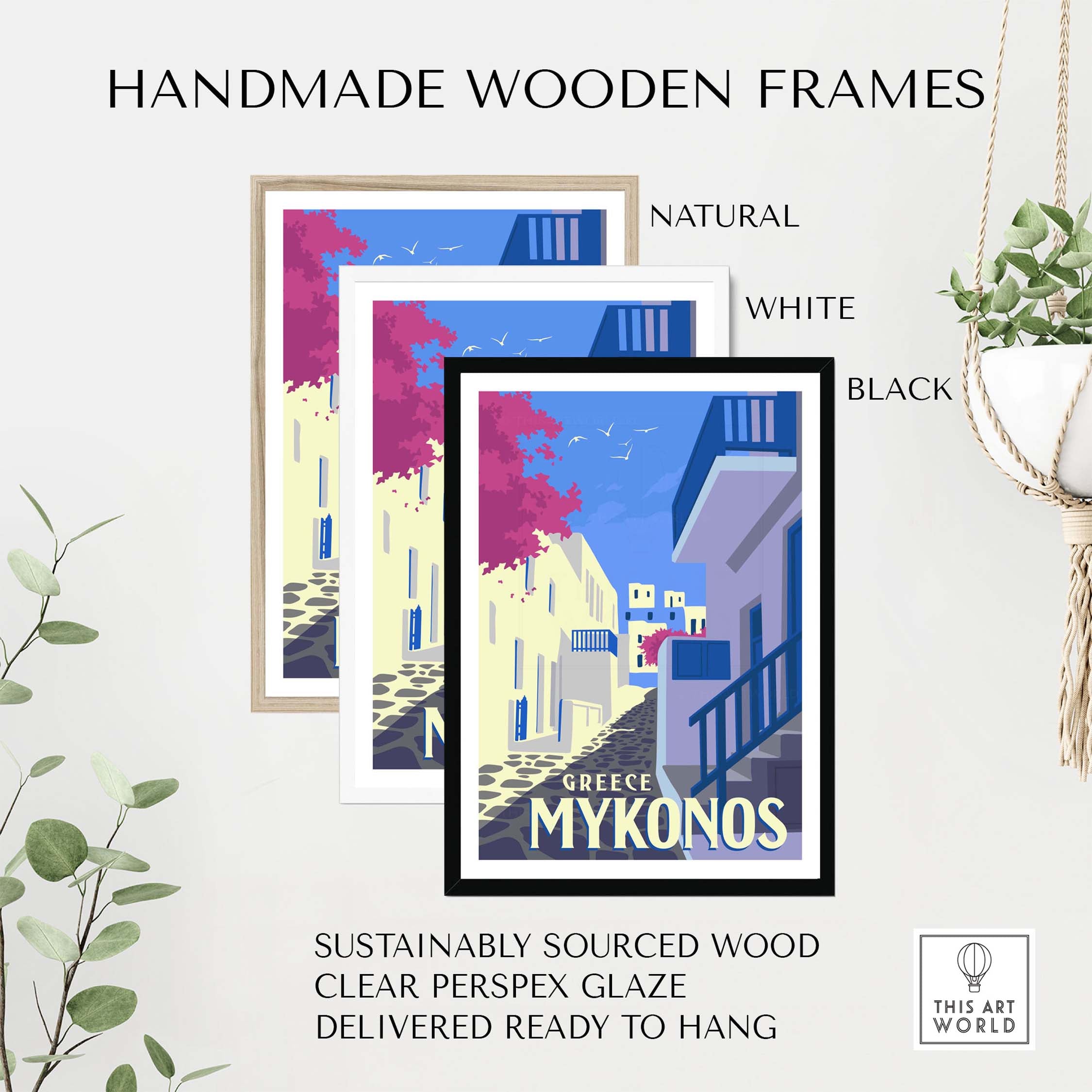 Handmade wooden frames for Mykonos Poster Wall Art in natural, white, and black options, sustainably sourced and ready to hang.