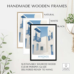 Handmade wooden frames in natural, white, and black for Mykonos wall art, sustainably sourced and ready to hang.