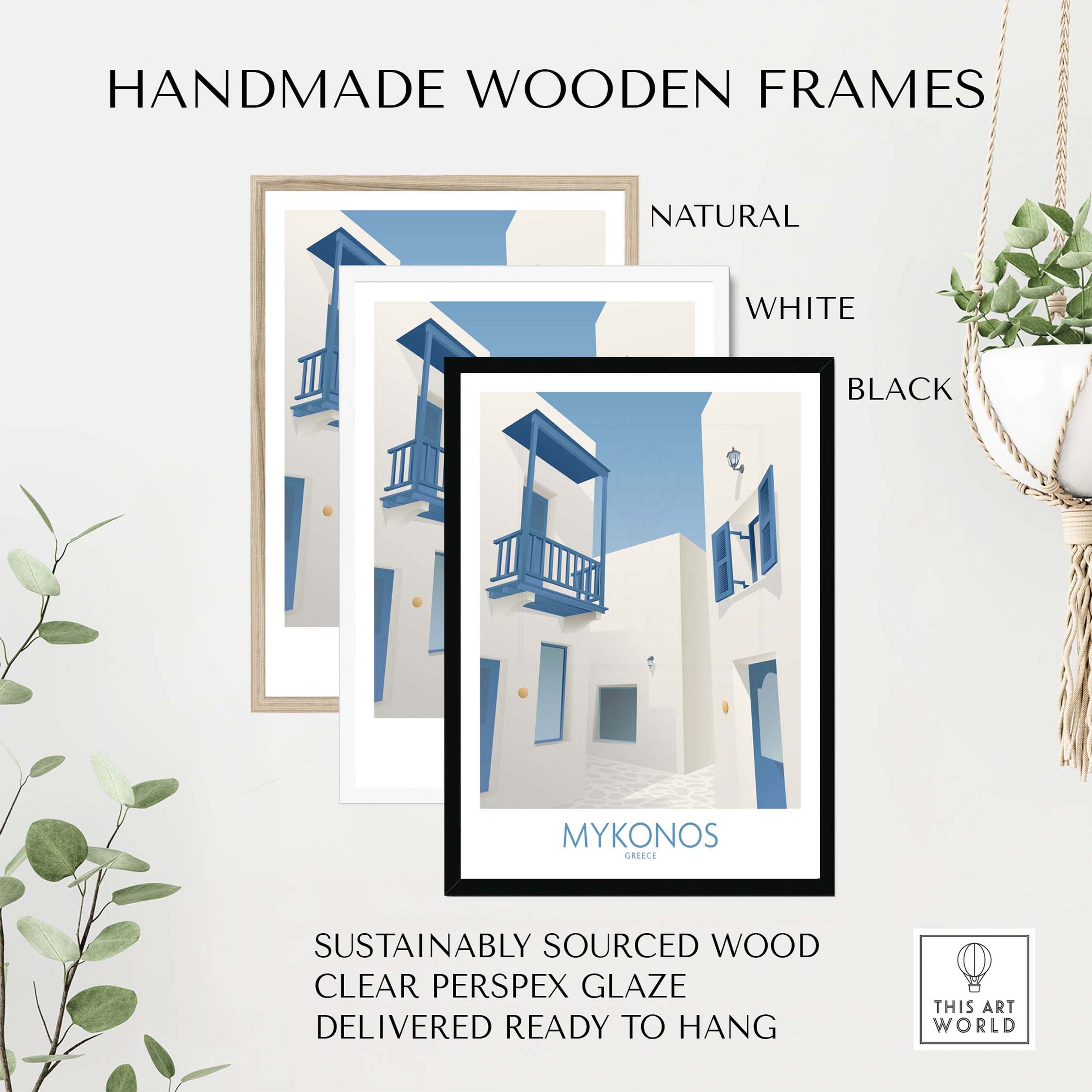 Handmade wooden frames in natural, white, and black for Mykonos wall art, sustainably sourced and ready to hang.