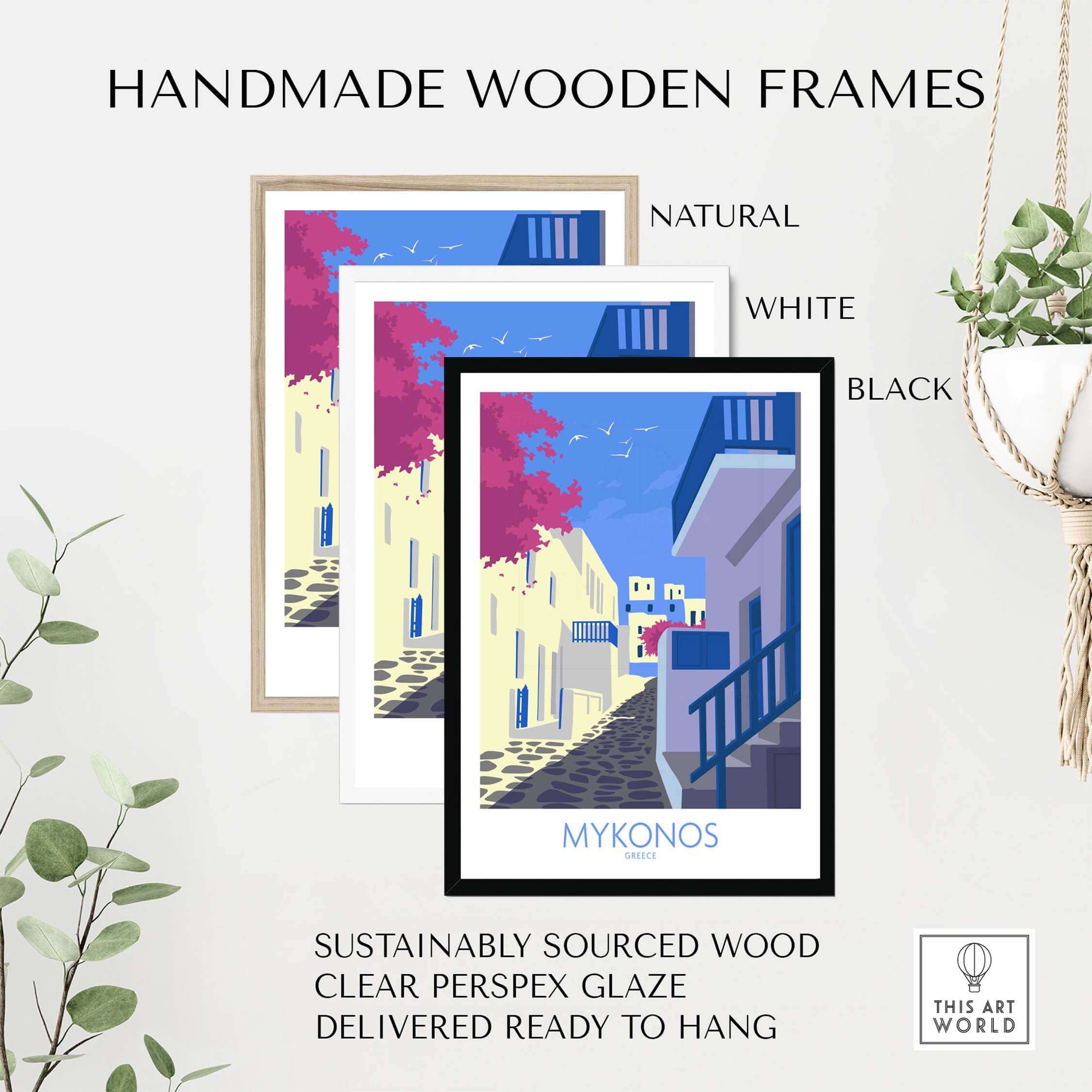 Mykonos print travel poster framed in natural, white, and black handmade wooden frames with clear perspex glaze.