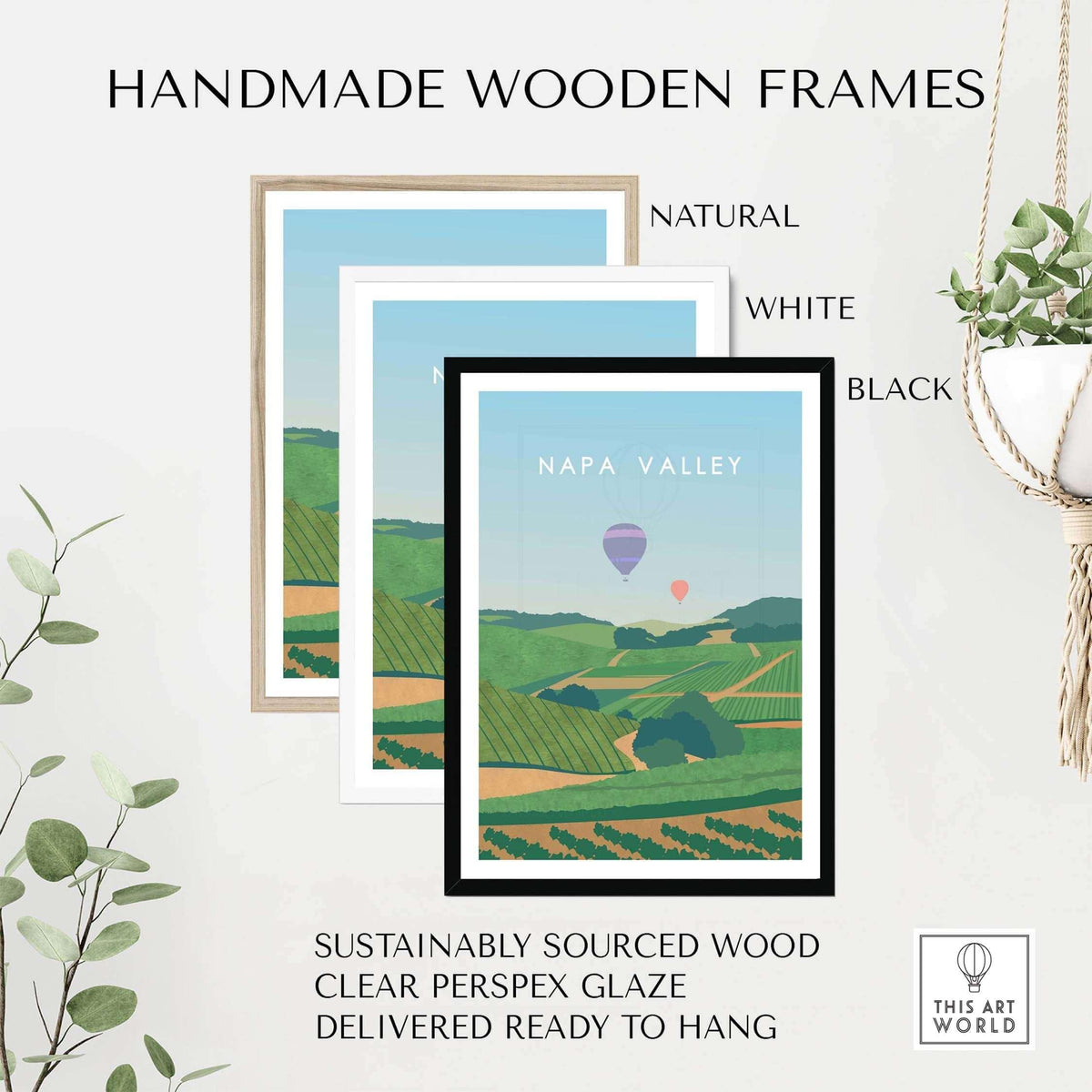 Napa Valley print wall art poster in handmade frames: natural, white, black, crafted from sustainably sourced wood.