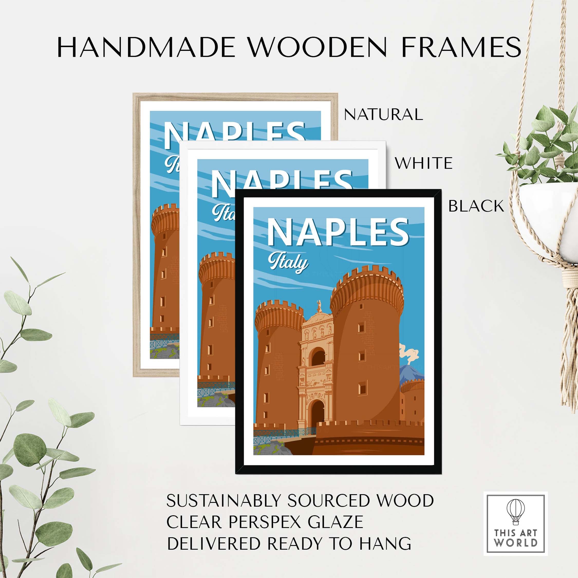 Three handmade wooden frames displaying a Naples Italy print, featuring natural, white, and black finishes.