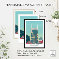 Handmade wooden frames in natural, white, and black for Nashville Poster, sustainably sourced wood for stylish wall art.