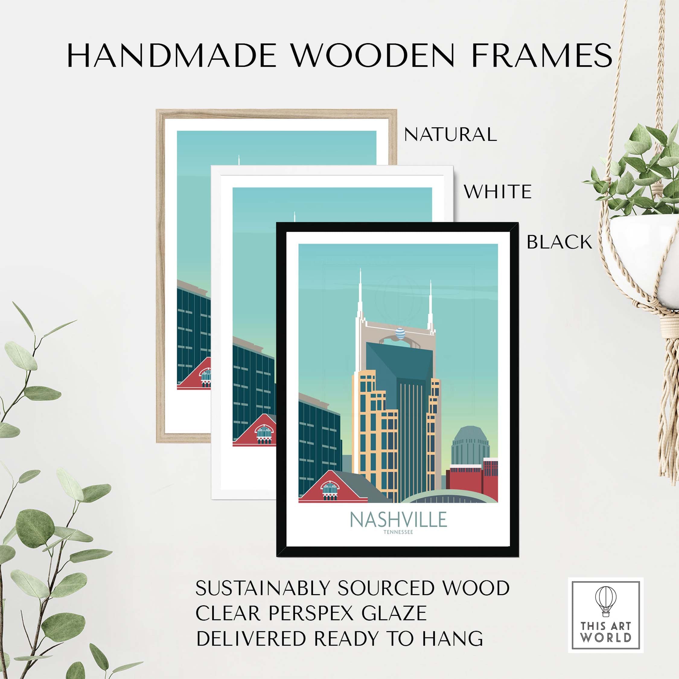Handmade wooden frames in natural, white, and black for Nashville Poster, sustainably sourced wood for stylish wall art.