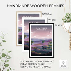 Handmade wooden frames for New Forest National Park poster in natural, white, and black options, sustainably sourced and ready to hang.