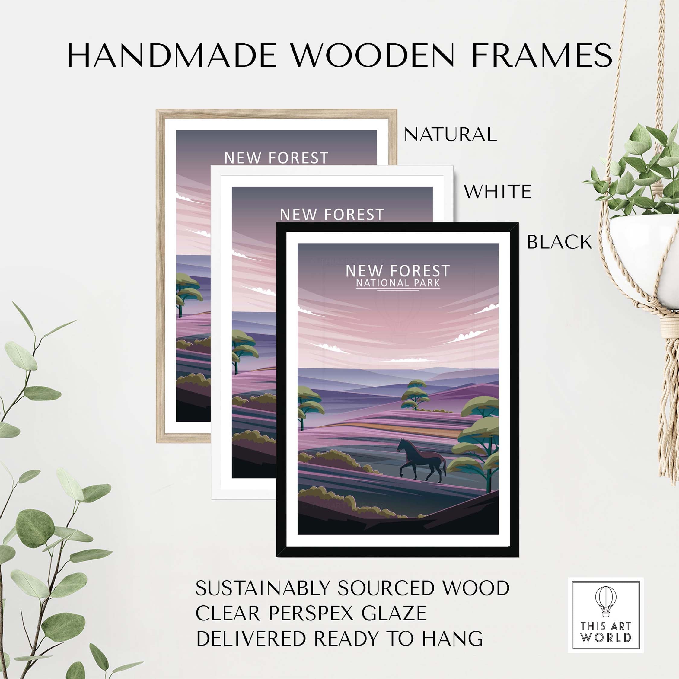 Handmade wooden frames for New Forest National Park poster in natural, white, and black options, sustainably sourced and ready to hang.