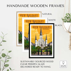 Three handmade wooden frames in natural, white, and black colors showcasing New Orleans Art Print.