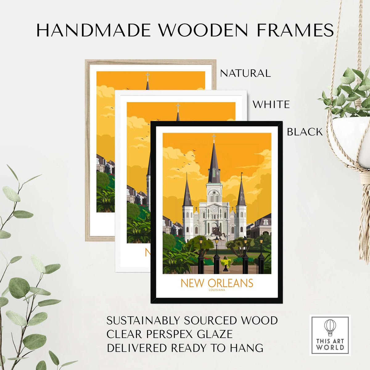 Handmade wooden frames for New Orleans poster in natural, white, and black finishes, sustainably sourced and ready to hang.