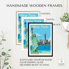 Handmade wooden frames for New York print posters in natural, white, and black colors, ready to hang.