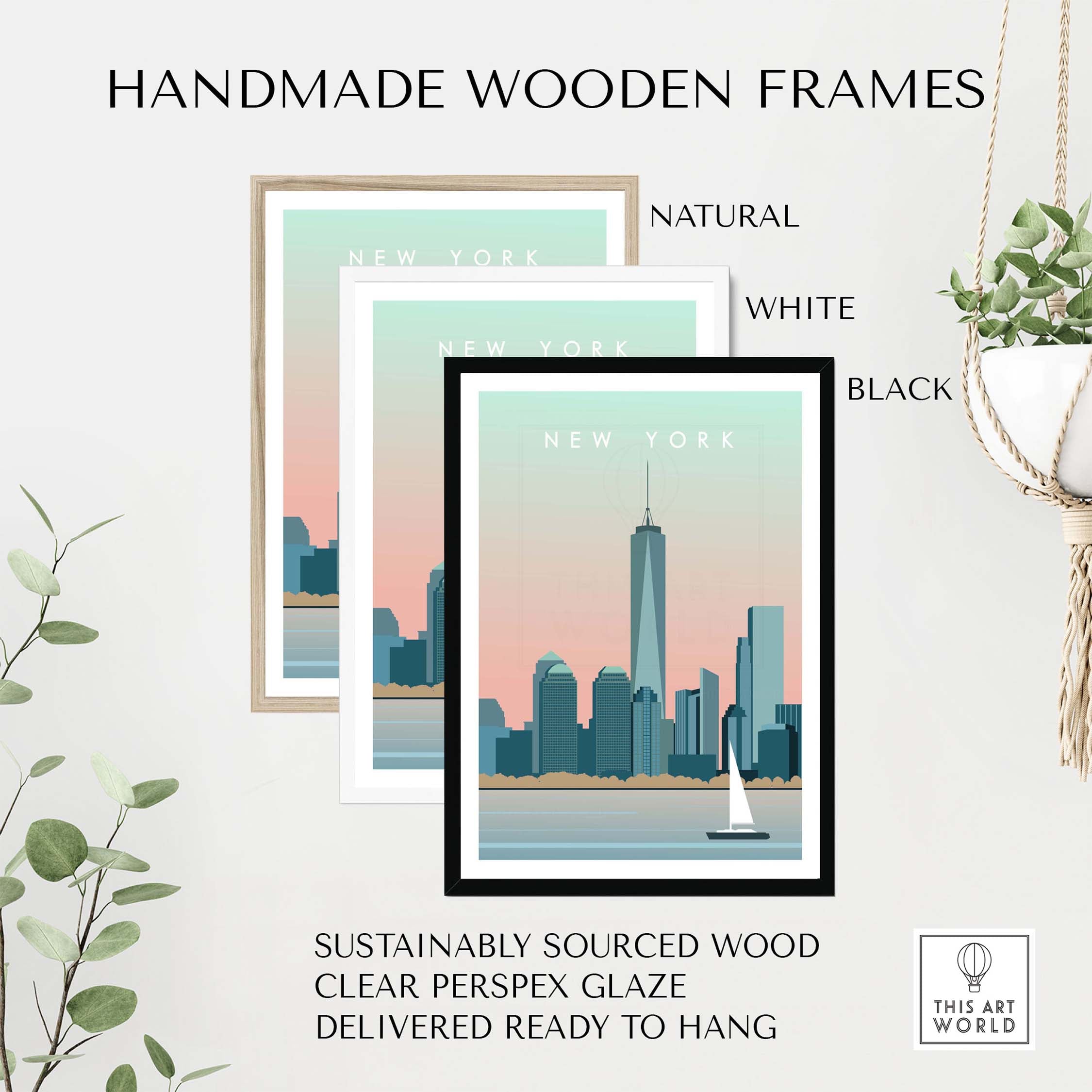 Handmade wooden frames for New York City print wall art, sustainably sourced with clear glaze, available in natural, white, and black.
