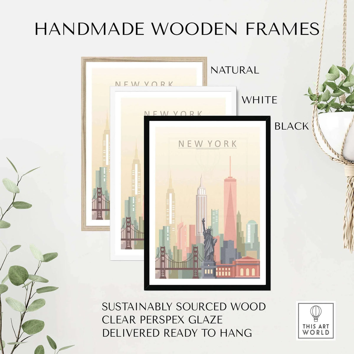 Handmade wooden frames for New York City skyline prints in natural, white, and black finishes, sustainably sourced and ready to hang.