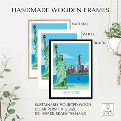 New York City Poster with Statue of Liberty in handmade wooden frames in natural, white, and black finishes.