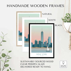 Handmade wooden frames in natural, white, and black for New York Print Poster, showcasing sustainable design.