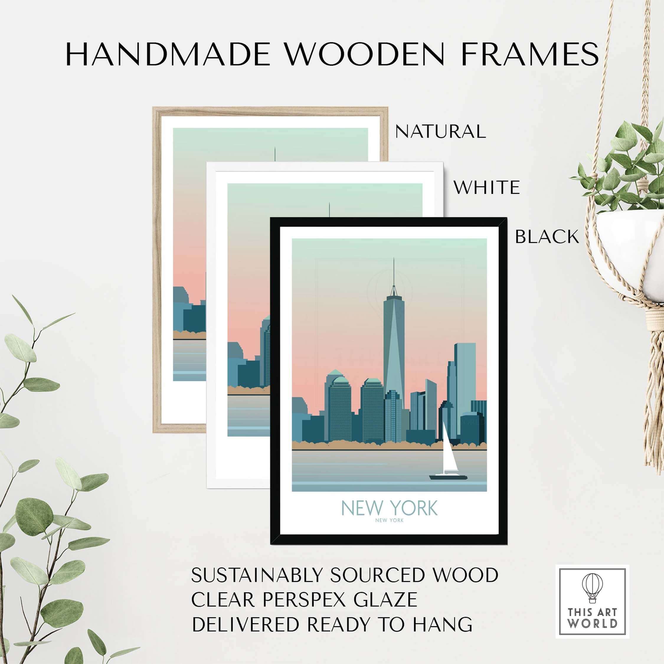 Handmade wooden frames in natural, white, and black for New York Print Poster, showcasing sustainable design.