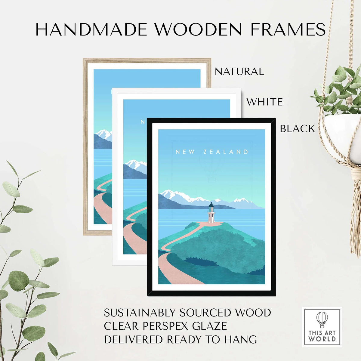 Handmade wooden frames in natural, white, and black for New Zealand travel posters, sustainably sourced and ready to hang.