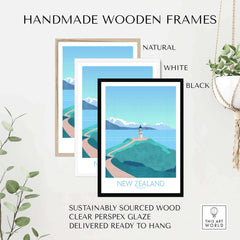 Handmade wooden frames in natural, white, and black for New Zealand travel poster, sustainably sourced with clear glaze.