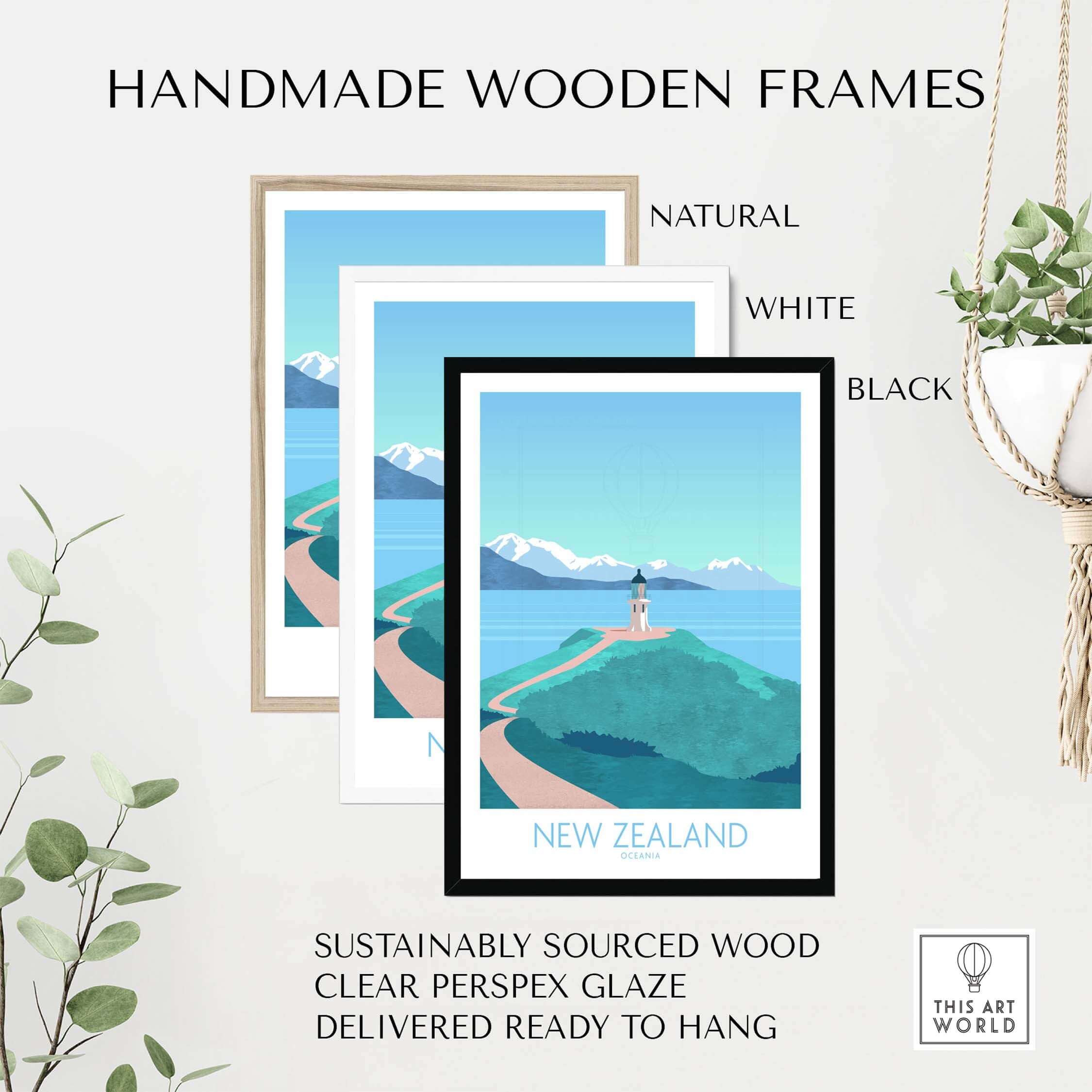Handmade wooden frames in natural, white, and black for New Zealand travel poster, sustainably sourced with clear glaze.