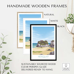 Handmade wooden frames for Newquay Cornwall travel poster in natural, white, and black finishes.
