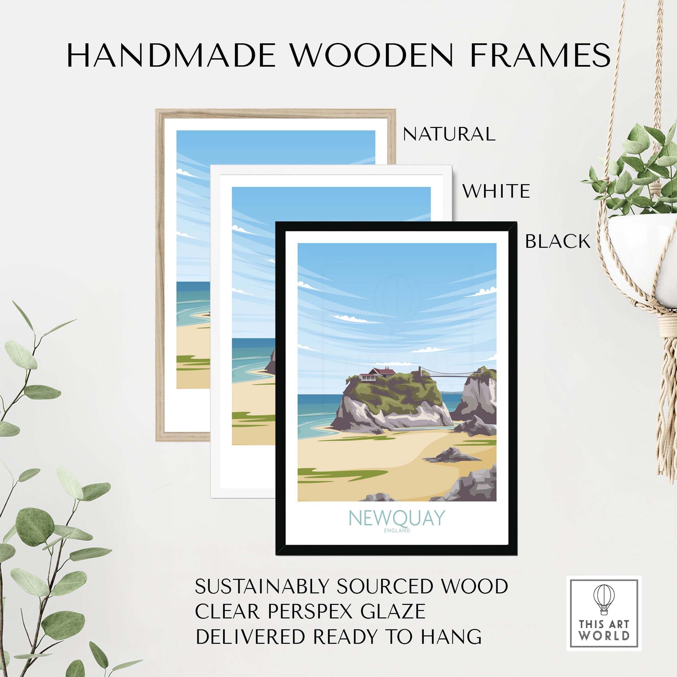 Handmade wooden frames for Newquay Cornwall travel poster in natural, white, and black finishes.