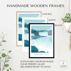 Niagara Falls print wall art in handmade wooden frames, showcasing natural, white, and black options, sustainably sourced.