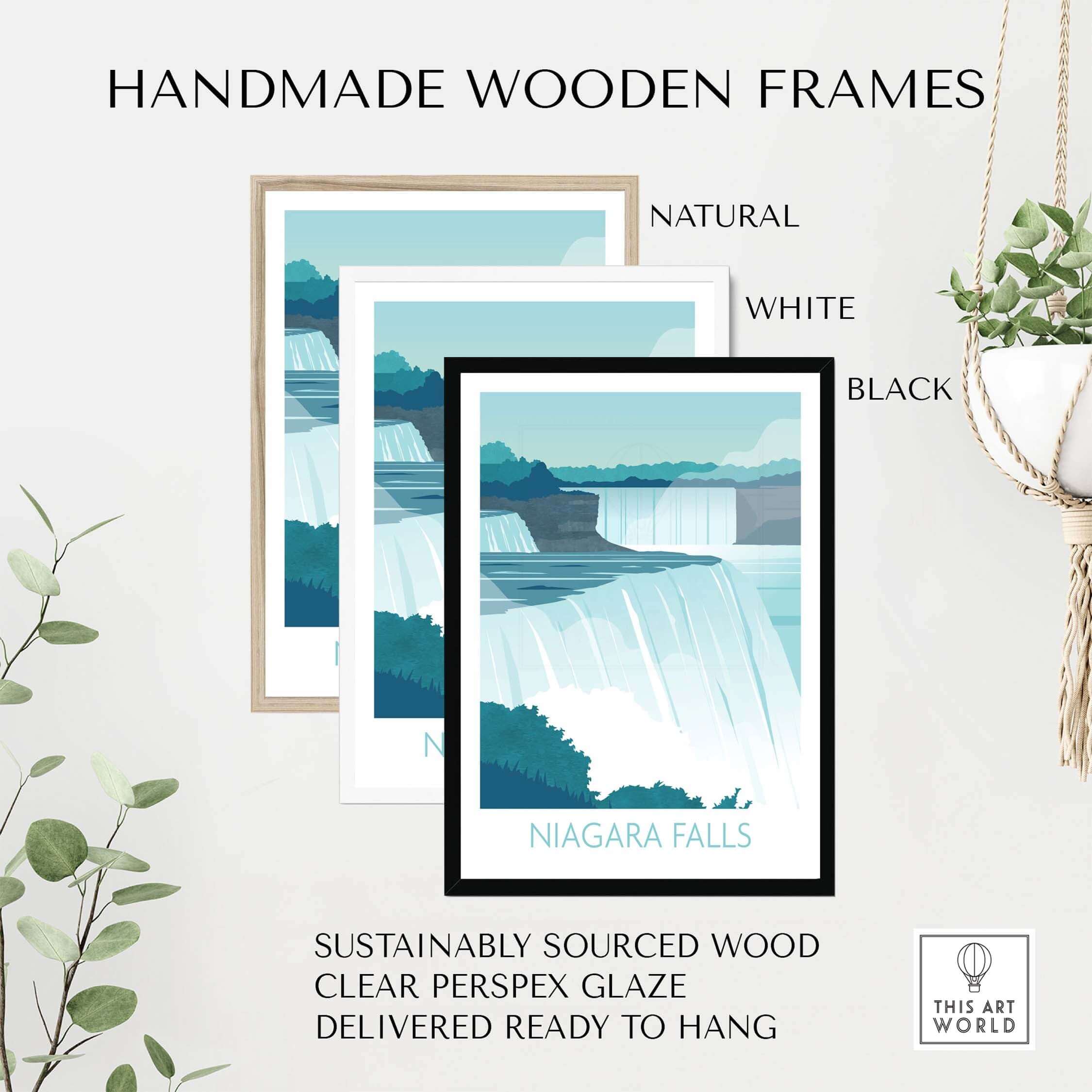 Niagara Falls print wall art in handmade wooden frames, showcasing natural, white, and black options, sustainably sourced.