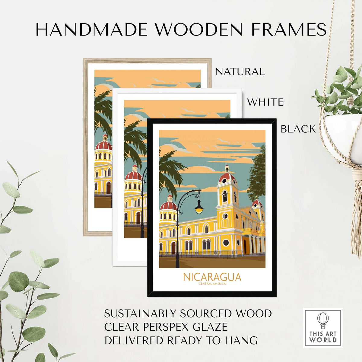 Handmade wooden frames in natural, white, and black for Nicaragua print, sustainably sourced and ready to hang.