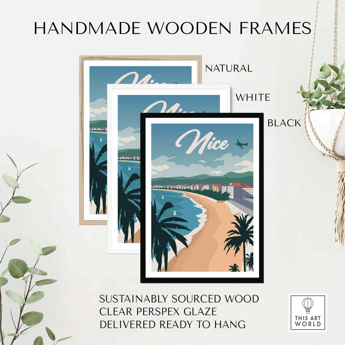 Handmade wooden frames for Nice France poster in natural, white, and black, made with sustainably sourced wood.